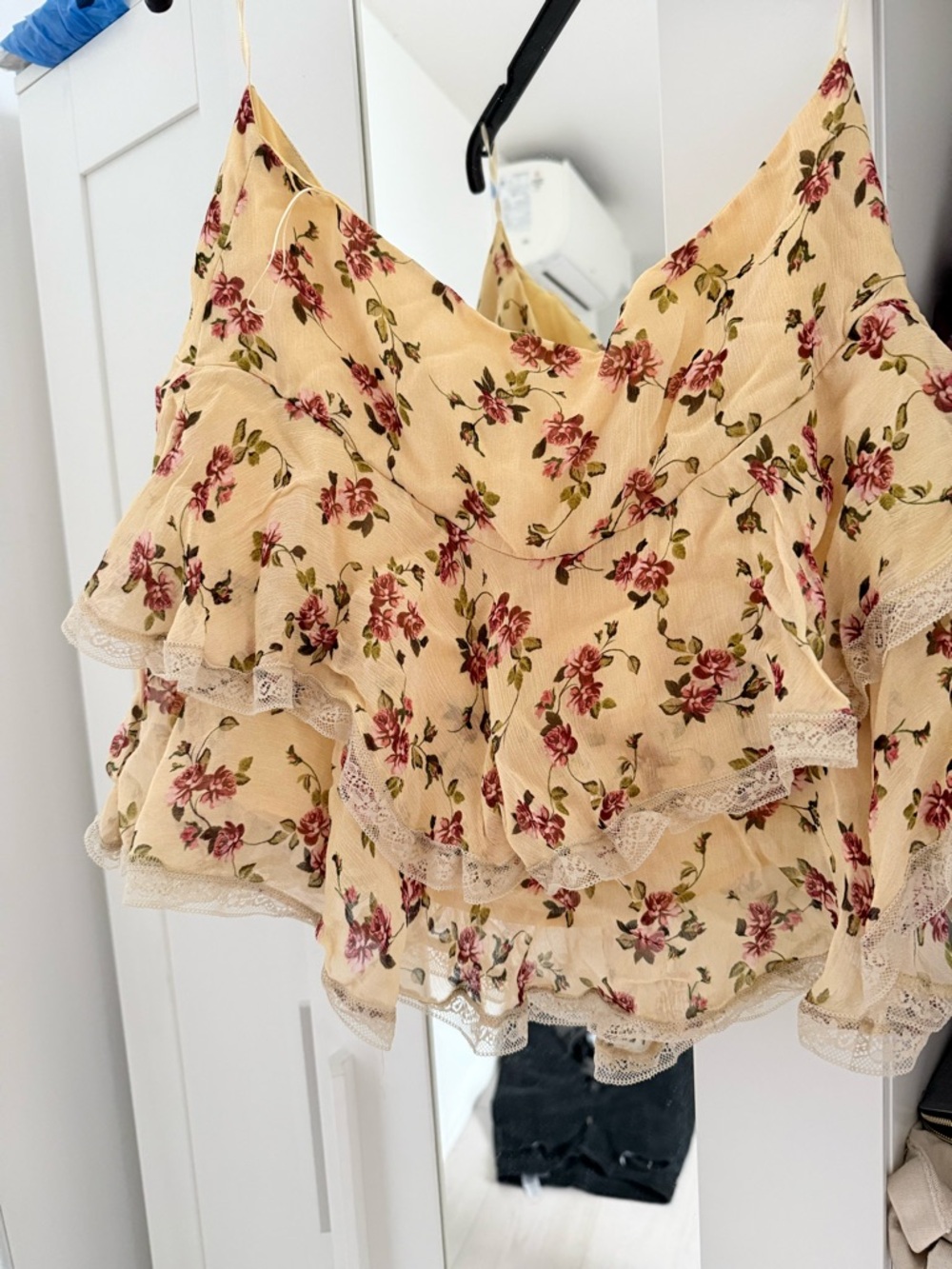 Zara Cream Mini Skirt with Pink Floral Ruffles